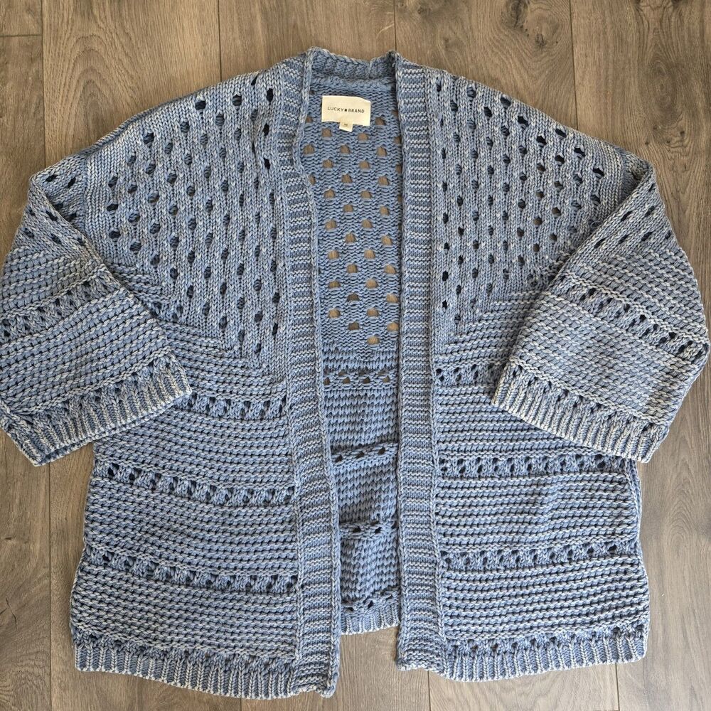 Lucky Brand 100% Cotton Blue Crochet Knit Cardigan XS - Boho Cottagecore Sweater